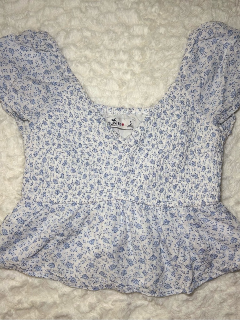 Hollister White and Light Blue Floral Smocked Peplum Top